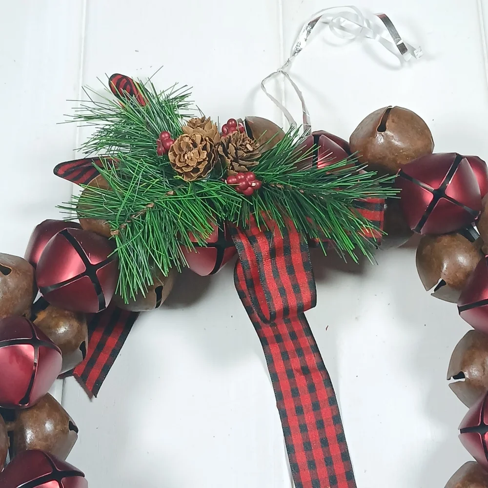 Red & Brown 13” Jingle Bell Metal Christmas Wreath, Holiday Decor Indoor Outdoor